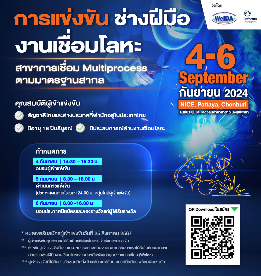 พบกิจกรรมการแข่งขัน การแข่งขันช่างฝีมืองานเชื่อมโลหะ  ในงาน Mira and Subcon Thailand: The East 2024  จาก สถาบันพัฒนาบุคลากรการเชื่อม (WelDA)